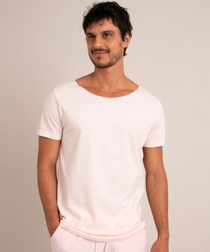 camiseta básica de algodão manga curta gola canoa  rosa claro