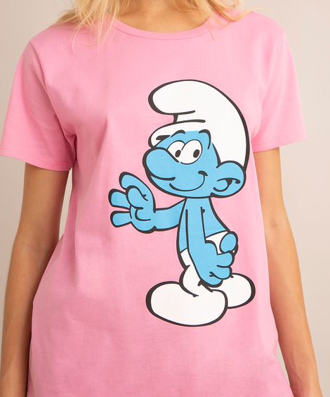 camiseta de algodão manga curta decote redondo os smurfs rosa
