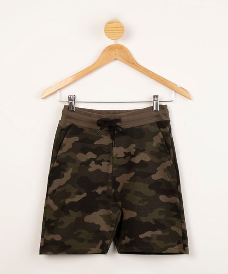 bermuda juvenil de moletom com estampa camuflada e cordão verde militar