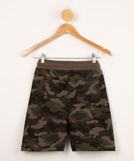 bermuda juvenil de moletom com estampa camuflada e cordão verde militar