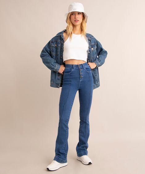 calça flare jeans cintura super alta com nervura e botões sawary azul claro