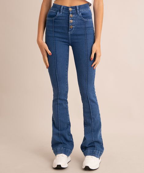 calça flare jeans cintura super alta com nervura e botões sawary azul claro