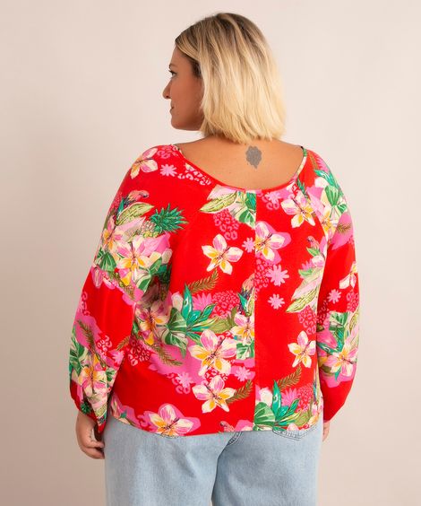 blusa de viscose plus size manga bufante decote redondo estampa floral vermelha