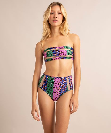 biquíni calcinha hot pant estampado animal print onça com recorte em tule proteção uv50+ roxo