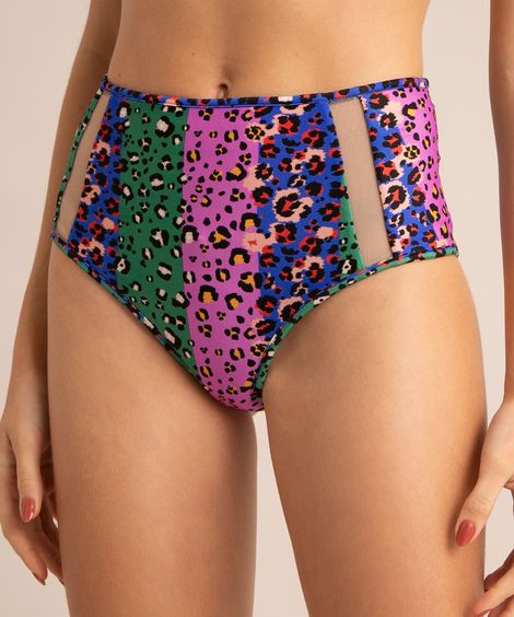 biquíni calcinha hot pant estampado animal print onça com recorte em tule proteção uv50+ roxo