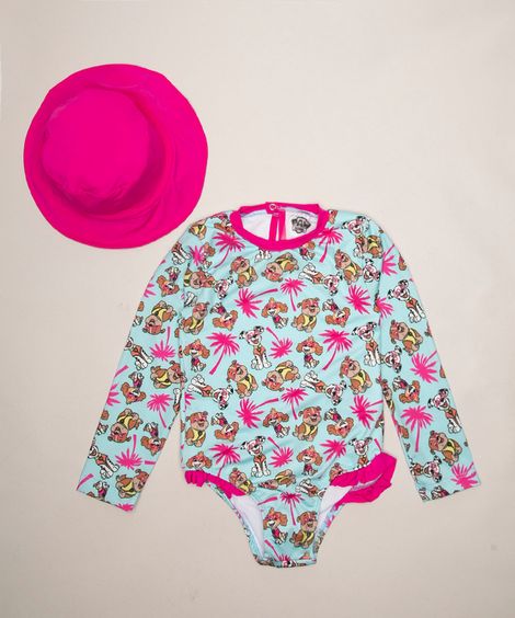 maiô infantil manga longa patrulha canina + chapéu bucket hat com proteção uv50+ azul