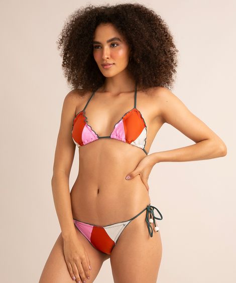 biquíni calcinha tanga de amarração levanta bumbum color block com recortes proteção uv50+ laranja