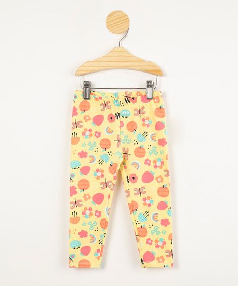 Calça legging infantil estampa floral com abelhas e glitter amarela