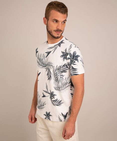 Camiseta Masculina Estampada Folhagem Manga Curta Gola Careca Branca