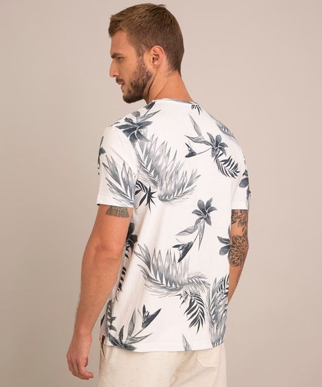 Camiseta Masculina Estampada Folhagem Manga Curta Gola Careca Branca