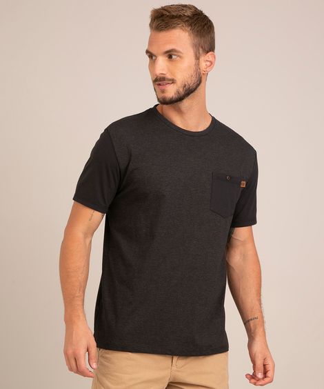 Camiseta Masculina Manga Curta com Bolso Gola Careca Preta