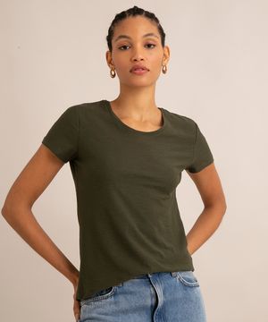 blusa de flamê básica manga curta decote redondo verde militar