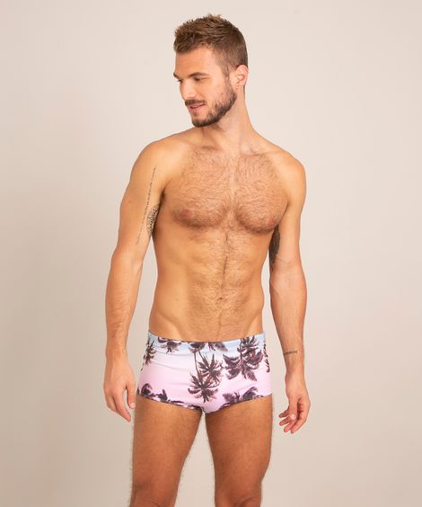 sunga tradicional estampada coqueiros com proteção uv50+ rosa