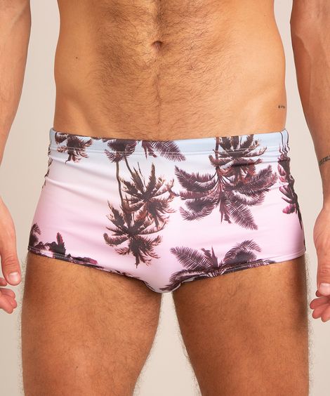 sunga tradicional estampada coqueiros com proteção uv50+ rosa