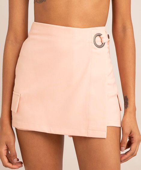 Short Saia Feminino Cintura Alta com Transpasse Argola e Bolsos Rosa Claro