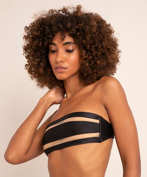 biquíni top tomara que caia com tule proteção uv50+ preto