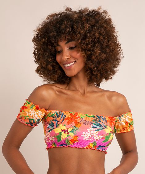 biquíni top ciganinha estampado floral com babados proteção uv50+ laranja