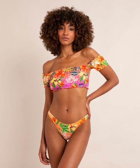 biquíni top ciganinha estampado floral com babados proteção uv50+ laranja