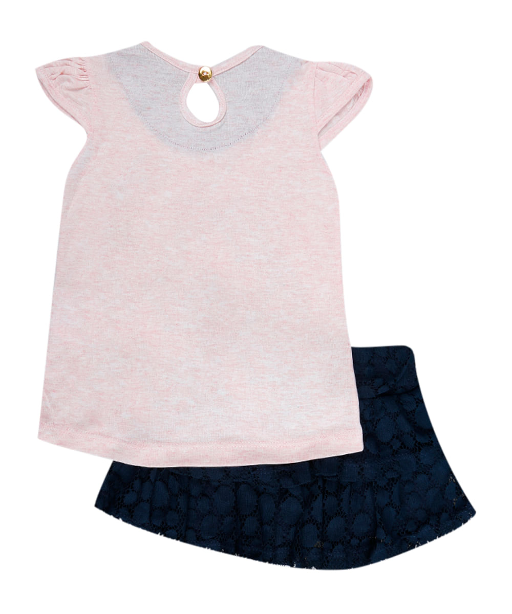 Conjunto Blusa Rosa + Saia em Renda Menina Azul Marinho