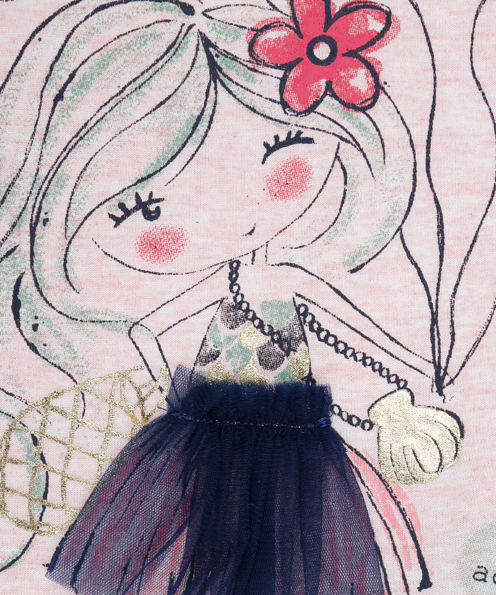 Conjunto Blusa Rosa + Saia em Renda Menina Azul Marinho