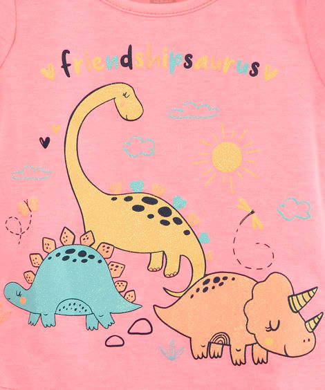 blusa infantil "friendshipsaurus" com glitter manga curta rosa neon