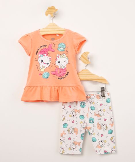 conjunto infantil de blusa manga curta gatinhos sereia + bermuda estampada coral