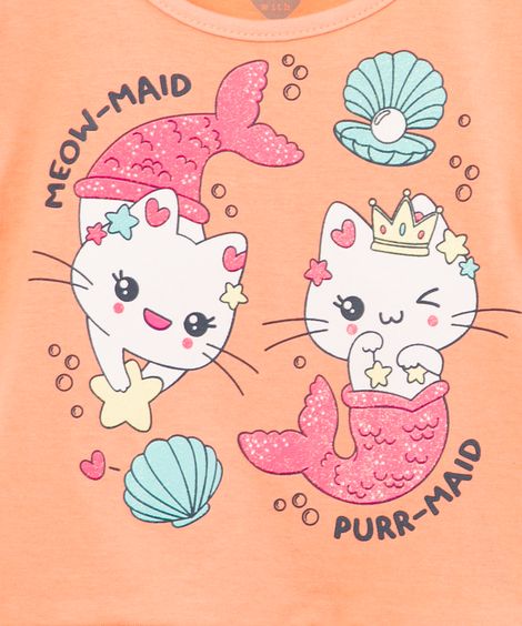 conjunto infantil de blusa manga curta gatinhos sereia + bermuda estampada coral
