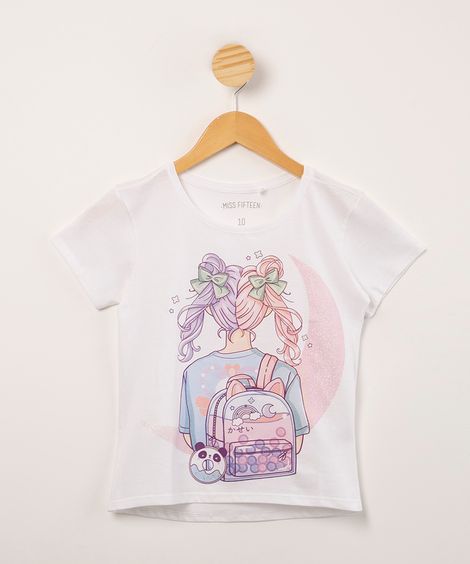 blusa juvenil de algodão menina com glitter manga curta off white