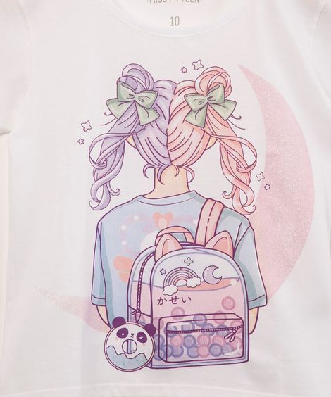 blusa juvenil de algodão menina com glitter manga curta off white