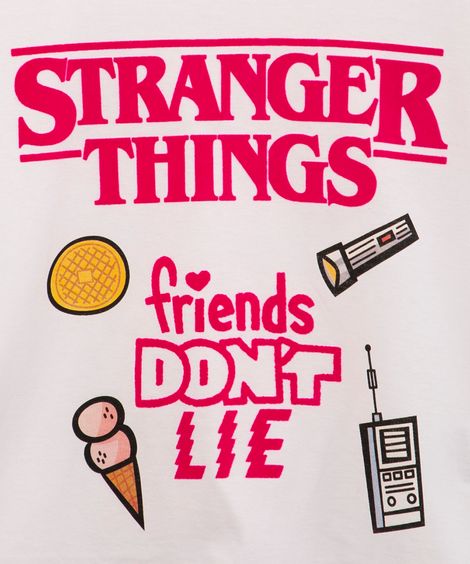 blusa juvenil de algodão "friends don't lie" stranger things manga curta off white