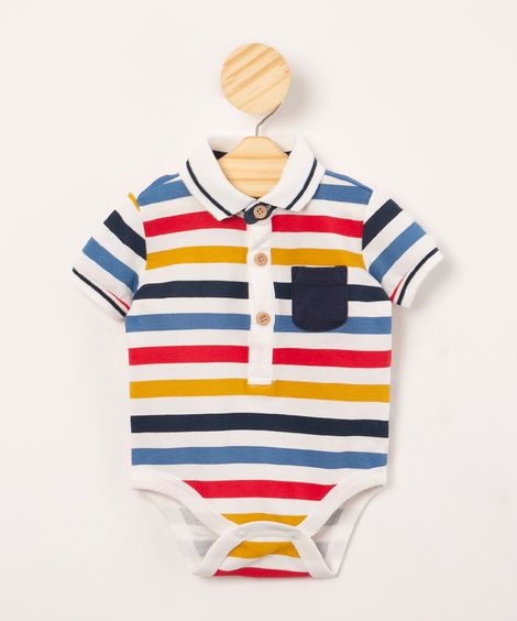 Body Camisa Infantil Listrado Manga Curta com Bolso Off White