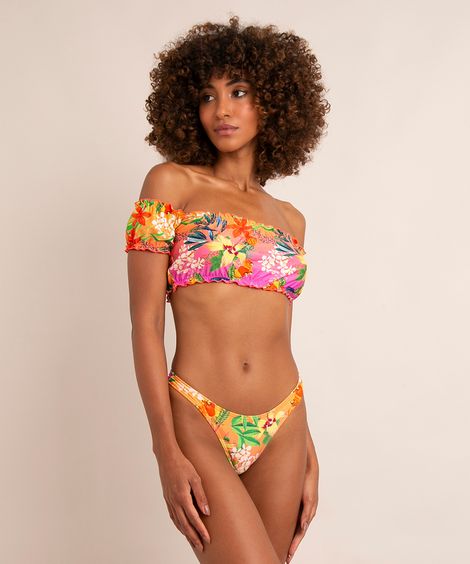 biquíni asa delta estampado floral abacaxi proteção uv50+ laranja
