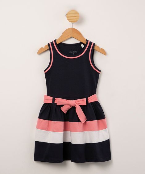 vestido infantil com recortes e faixa para amarrar azul marinho