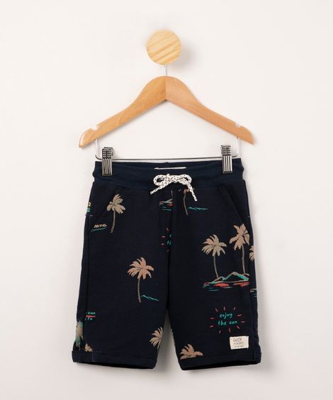 bermuda infantil de moletom estampado coqueiros azul marinho