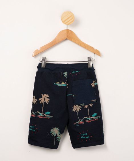 bermuda infantil de moletom estampado coqueiros azul marinho