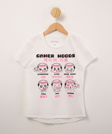 blusa juvenil de algodão "gamer moods" gatinho manga curta branca