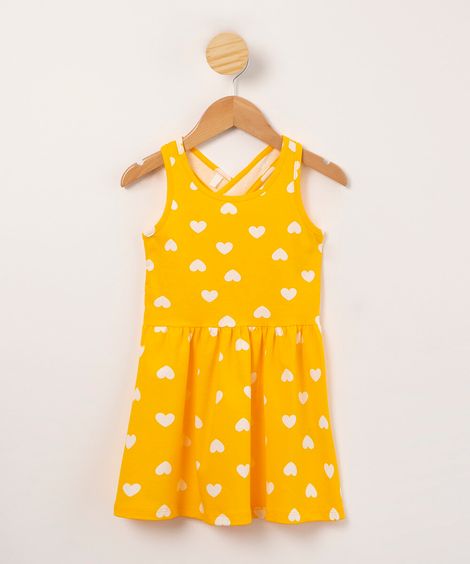 vestido infantil estampado coração alça média cruzada amarelo