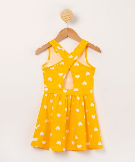 vestido infantil estampado coração alça média cruzada amarelo