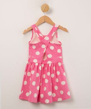 vestido infantil estampado poá com recorte e alças cruzadas rosa