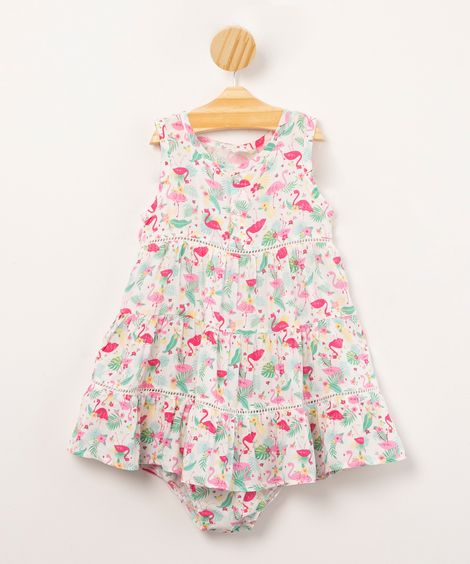 vestido infantil de viscose estampado flamingos com babado + calcinha branco