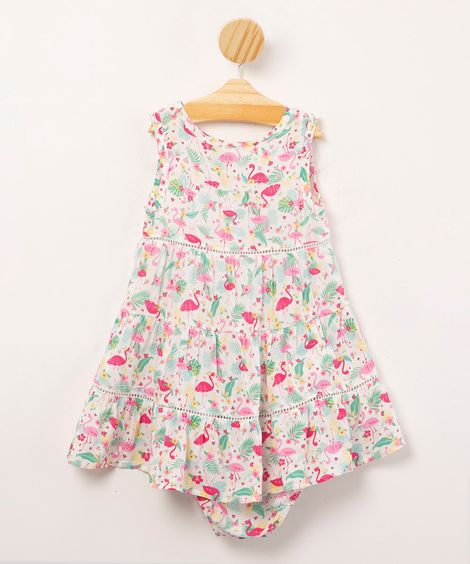 vestido infantil de viscose estampado flamingos com babado + calcinha branco