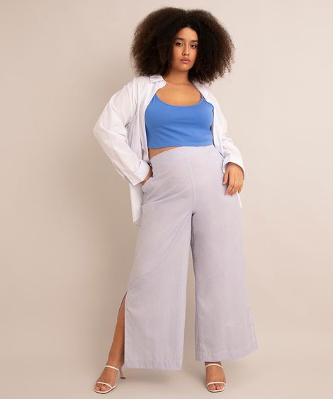 calça pantalona listrada plus size cintura super alta com fenda azul