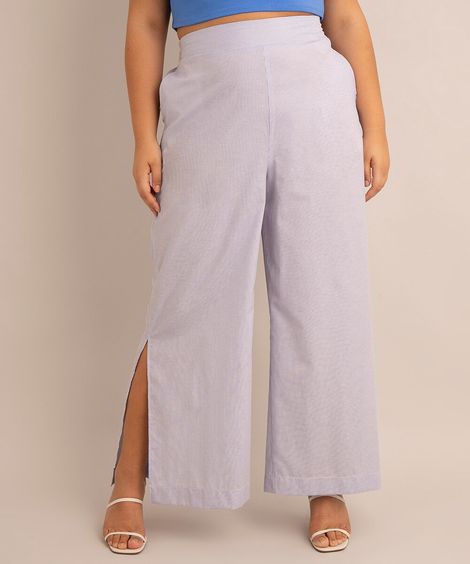 calça pantalona listrada plus size cintura super alta com fenda azul