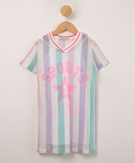 vestido infantil de tule listrado "sports" com forro manga curta  multicor