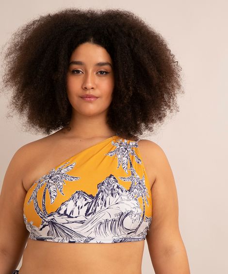biquíni top um ombro só plus size estampado pôr do sol com bojo removível proteção uv50+ além dos mares noronha manu gavassi multicor