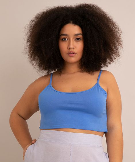 regata cropped básica plus size alça fina decote redondo azul