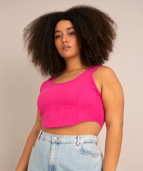 regata cropped corset plus size alça larga decote reto  rosa