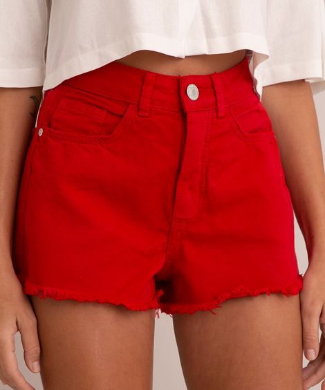 short mom de sarja barra desfiada cintura super alta vermelho