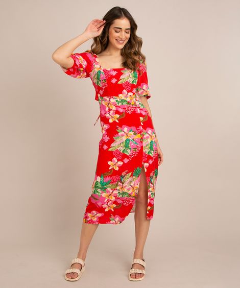 vestido midi de viscose estampado floral com amarração e fenda manga bufante vermelho