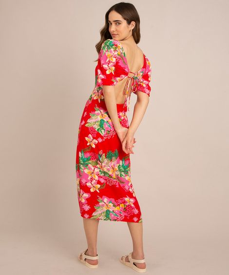vestido midi de viscose estampado floral com amarração e fenda manga bufante vermelho